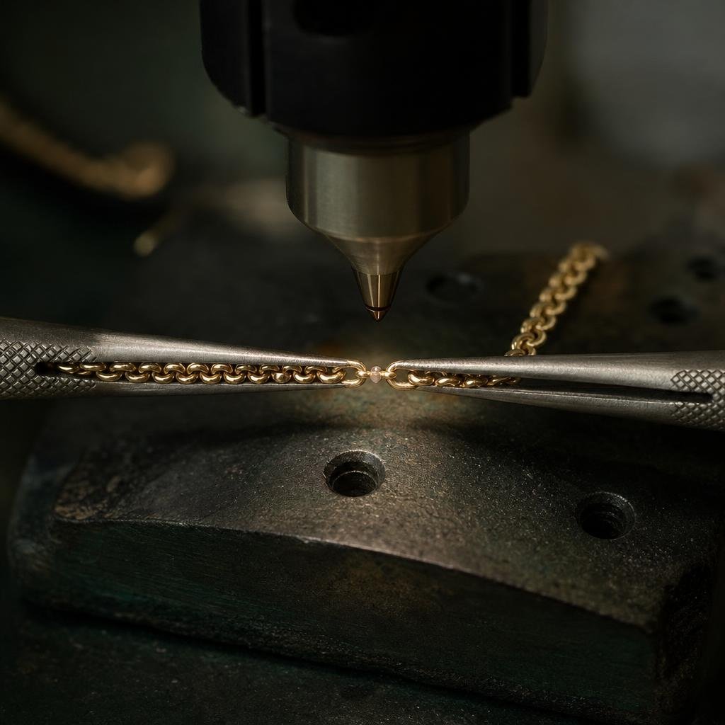 دو سر زنجیر ظریف طلا در محل جوش لیزری